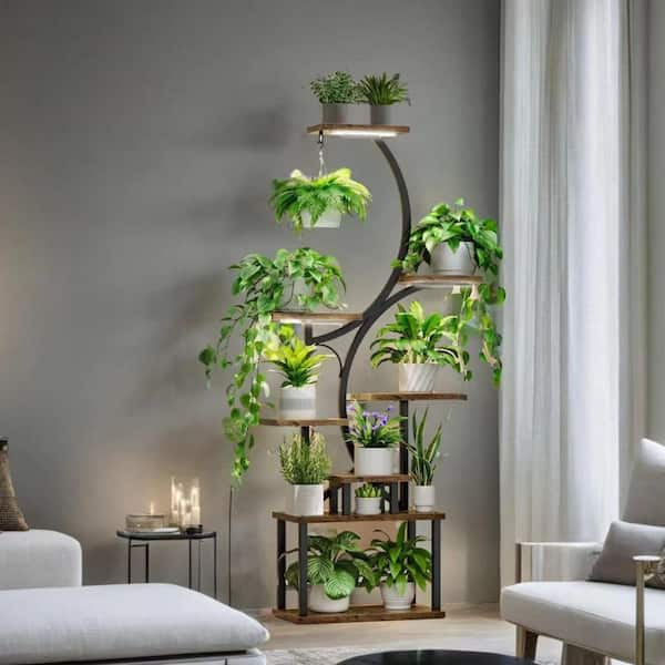 61in. Indoor Brown 8-Tier Composite Wood Plant Stand with LED Grow