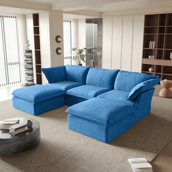 J&E Home 122.8 in. Flared Arm 5-Piece Linen Down-Filled Deep Seat Modular Free Combination Sectional Sofa with Ottoman in. Blue