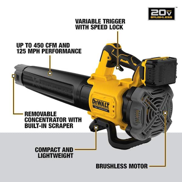 DEWALT 125 MPH 450 CFM 20V MAX Lithium-Ion Cordless Brushless Blower with (1) 5.0Ah Battery and Charger Included