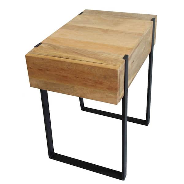 Benjara 24 in. Brown and Black Wooden End Table with Single Drawer and Metal Frame