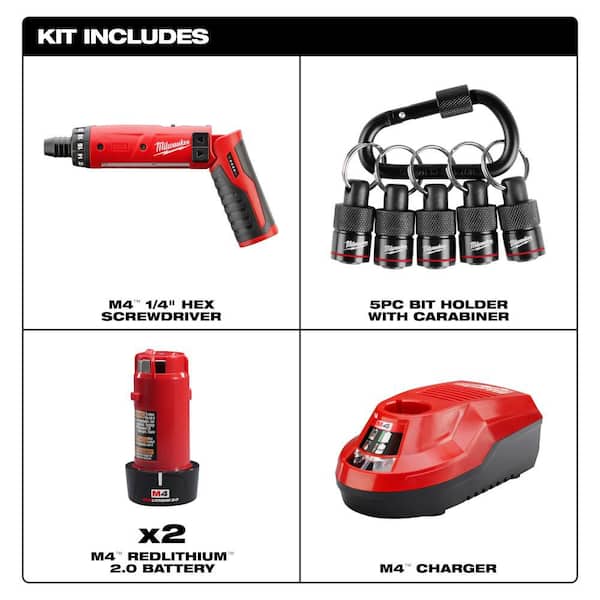M4 4-Volt Lithium-Ion Cordless 1/4 in. Hex Screwdriver 2-Battery Kit5 Piece Hex Bit Holder with Carabiner