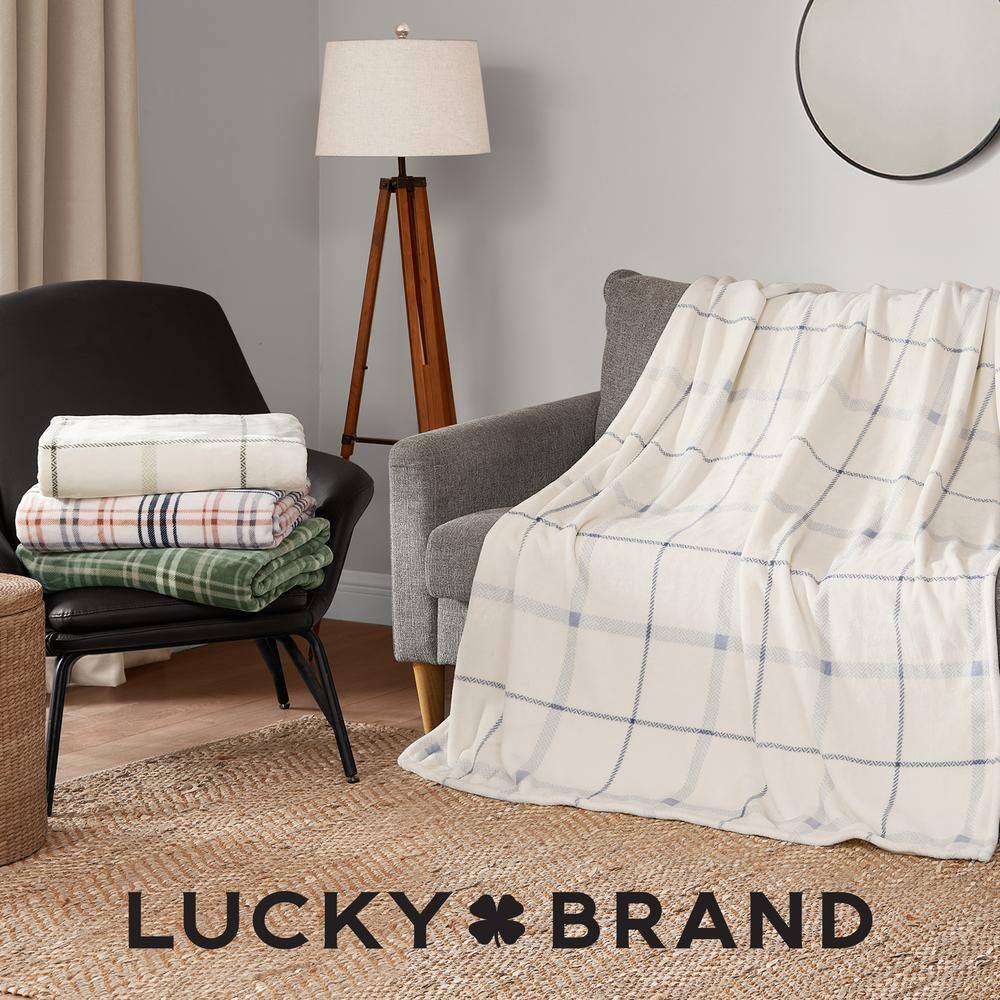 Beige and Navy Plaid Faux Fur Reversible Throw Blanket 50" x 70"