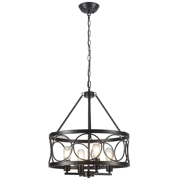 4-Light Black Industrial Drum Chandelier, Dimmable Cage Hanging Ceiling Light with Metal Shade