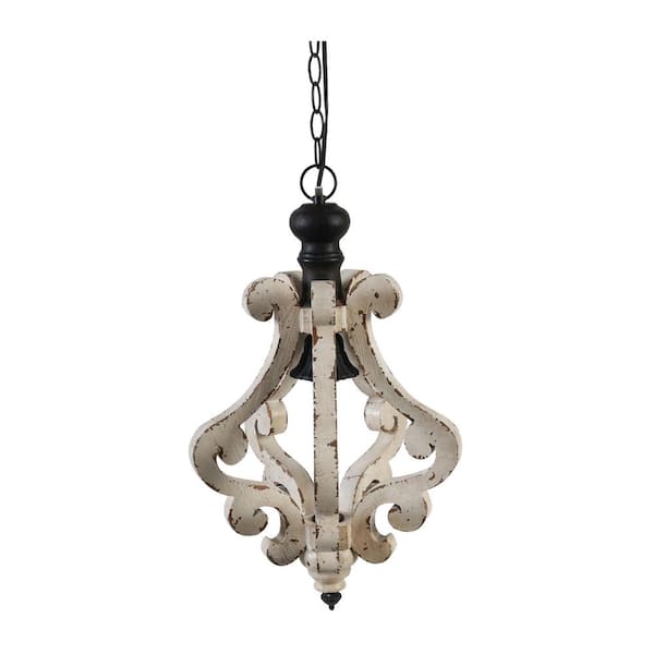 60-Watt Chandeliar 1-Light Distressed White Pendant French Country Wood Chandelier for Living Room Foyer No Blub E26