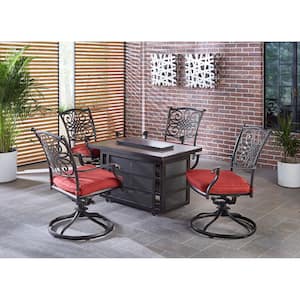 Traditions 5-Piece Aluminum Patio Seating Set with Autumn Berry Cushions, Fire Pit Table and 4 Swivel Rockers