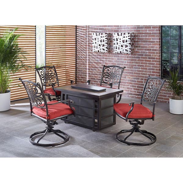 Hanover Traditions 5-Piece Aluminum Patio Seating Set with Autumn Berry Cushions, Fire Pit Table and 4 Swivel Rockers