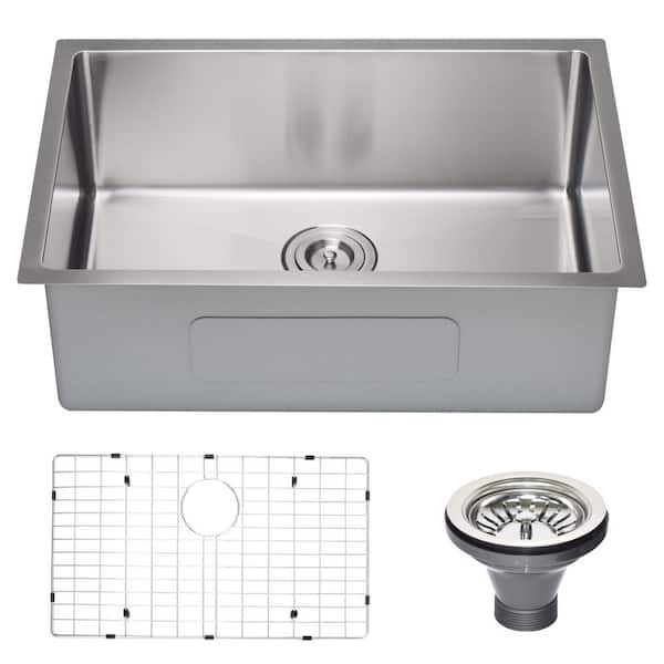 27 in. Undermount Single Bowl 18 Gauge Stainless Steel Kitchen Sink with Strainer and Grid