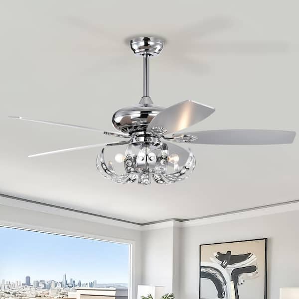 52 in. Reversible Blades Indoor Chrome Ceiling Fan with Lights Remote Control Included E12 Bulbs for Bedroom Living Room