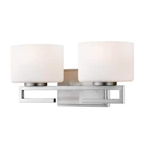 Privet 16 in. 2-Light Brushed Nickel Integrated LED Shaded Vanity Light with Matte Opal Glass Shade
