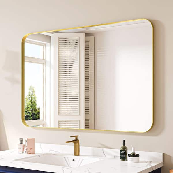 waterpar 48 in. W x 32 in. H Rectangular Aluminum Framed Wall Bathroom Vanity Mirror in Gold