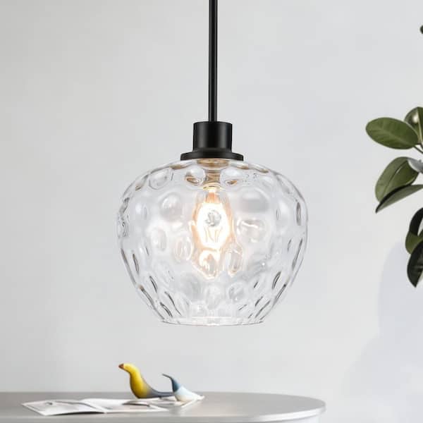 RayHome 1-Light Modern Black Pendant Light Apple-shaped Glass Shade with Water-patterned for Kitchen Bedroom