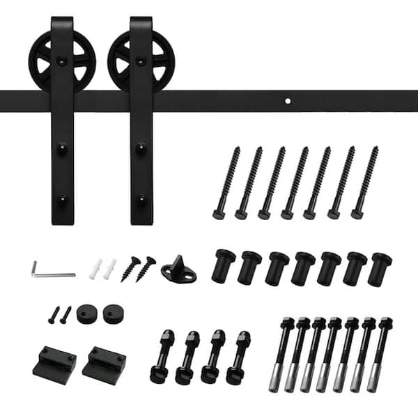 Movisa 12 ft./144 in. J-Shaped Sliding Single Barn Door Hardware Kit with Large Wheel Rollers