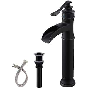 Single-Handle Waterfall Tall Body Single Hole Vessel Bathroom Sink Faucet with Pop Up Drain in Matte Black