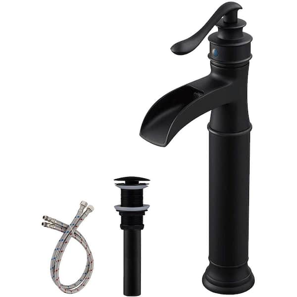 FORCLOVER Single Hole Single Handle Waterfall Bathroom Vessel Sink Faucet with Pop-up Drain Assembly in Matte Black