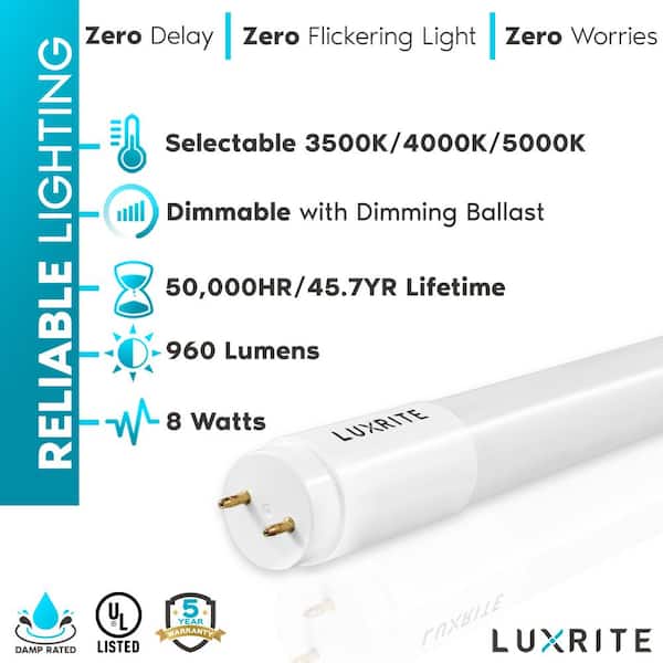 LUXRITE 8-Watt 2 ft. Linear T8 LED Tube Light Bulb 3 Color Selectable Single and Double End Powered 960 Lumens F17T8 (30-Pack) - The Home Depot