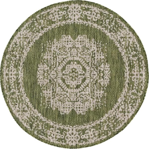 Unique Loom Green Timeworn Outdoor 4 ft. Round Area Rug
