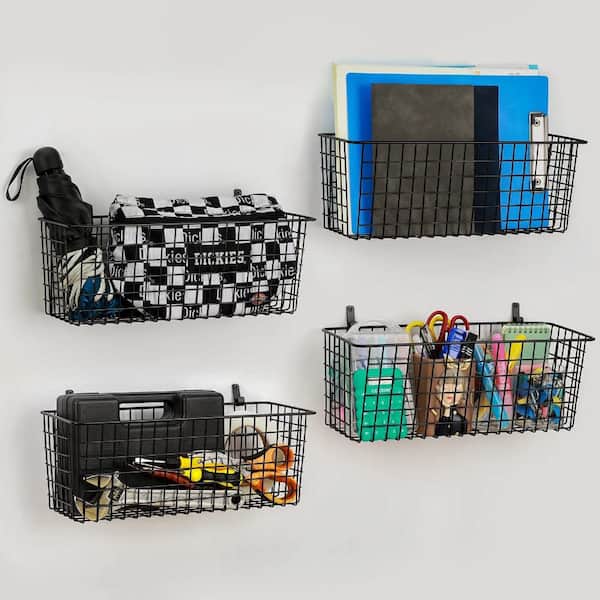 4-Set Hanging Wall Mount Storage Baskets with Steel Hooks, Multiuse Sturdy Wire Metal Organizing Baskets, Black