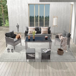 6-Piece Patio Outdoor Wicker Conversation Sofa Set Thickening With 3-Seater and Table for Lawn, Grey Cushions