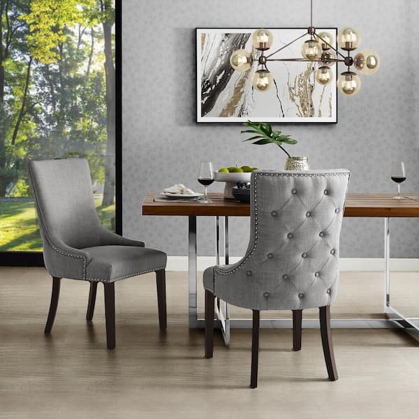 light grey tufted dining chairs