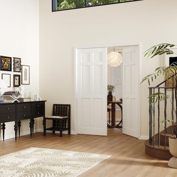 60 in. x 80 in. 6 Panel, Solid Wood and MDF, White Primed, Hollow Core Interior Door Slab With Black Lever Handle