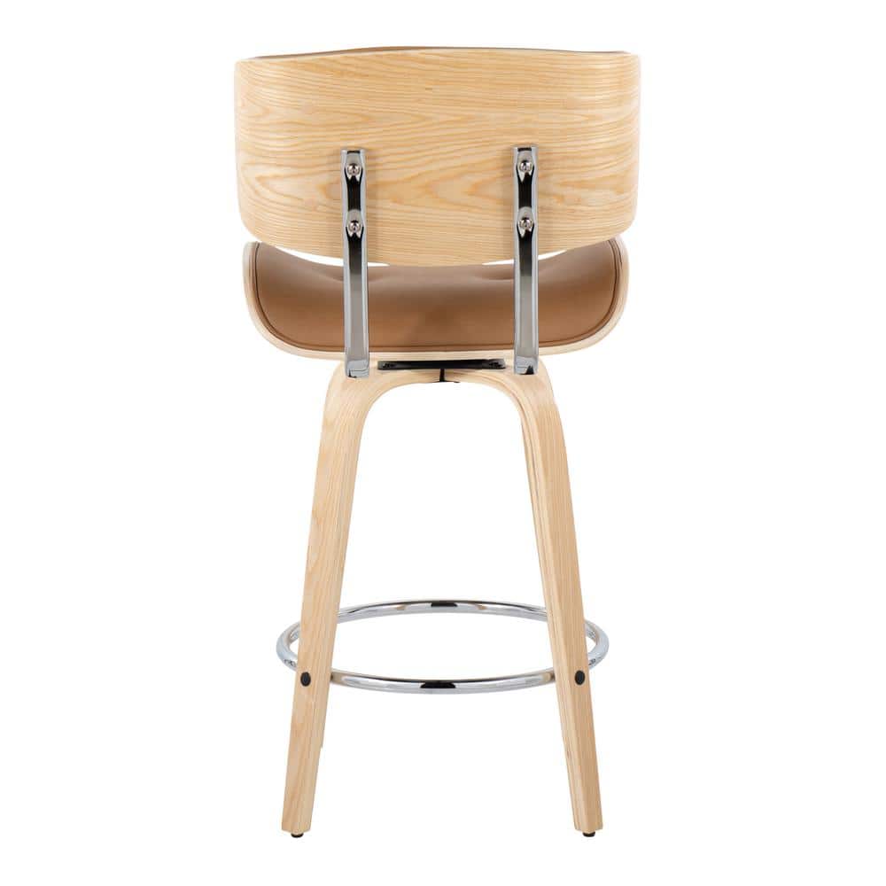 Camel Faux Leather and Natural Wood Swivel Counter Stools