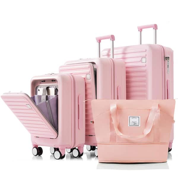 Merax 4-Piece Pink Expandable ABS Hardshell Spinner Luggage Set with Travel Bag, USB Port, Cup Holder, Hooks