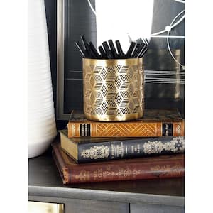 Gold Metal Geometric Pencil Cup with Laser Carved Design