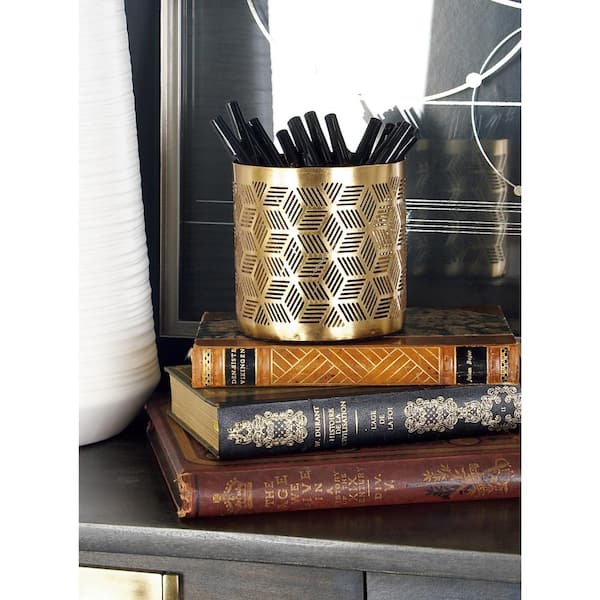 Gold Metal Geometric Pencil Cup with Laser Carved Design