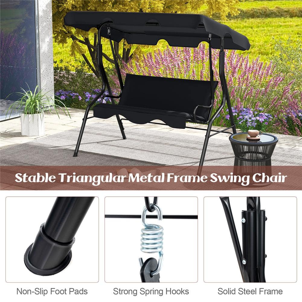Black Steel Frame 3-Person Patio Swing with Adjustable Canopy