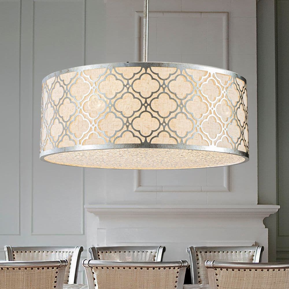 Modern 5-Lights 22 in. Classic Antique Silver Drum Chandelier with Linen Sh