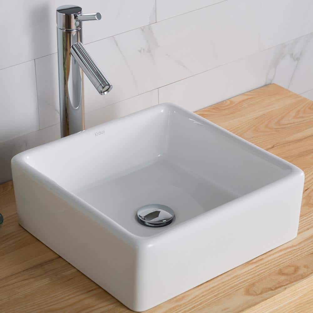White Ceramic Square Vessel Bathroom Sink, 15-inch