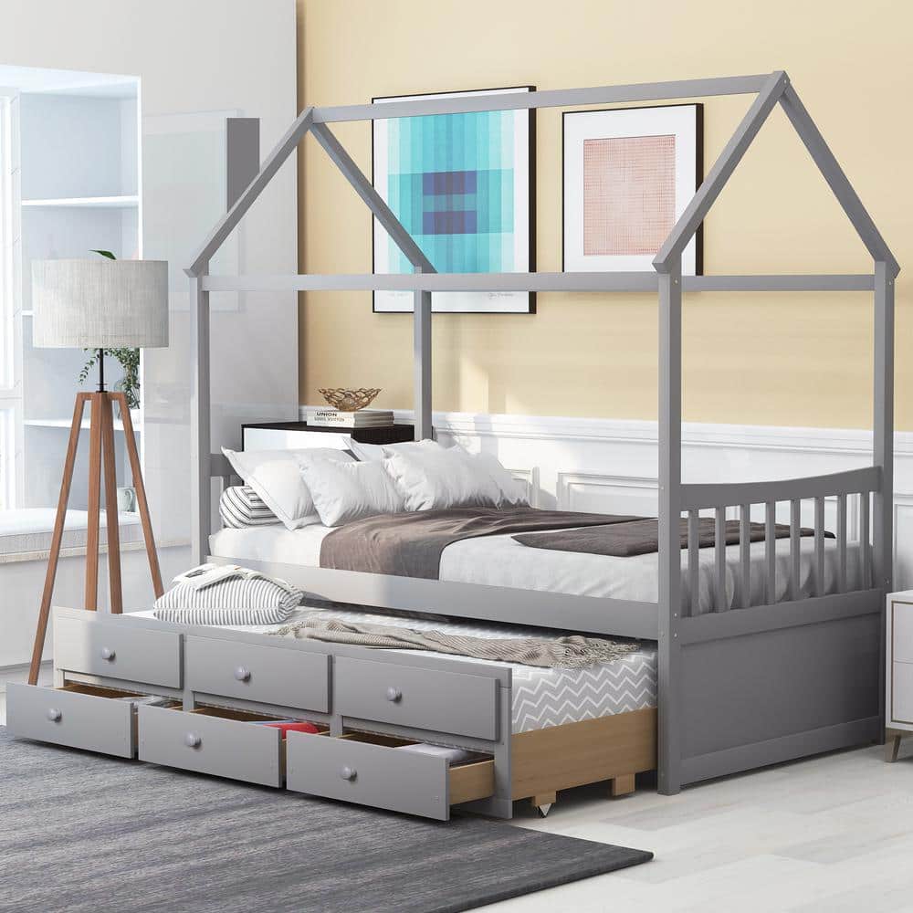 ANBAZAR Gray House Bed with Trundle and 3Storage Drawers Twin Captain