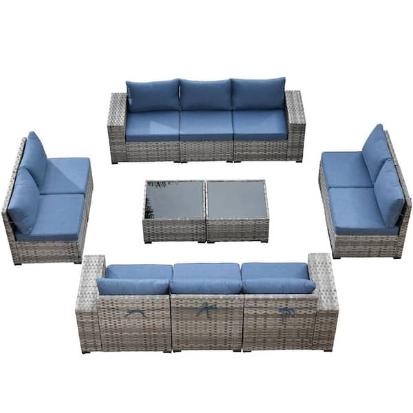 Beatrice 12-Piece Wicker Outdoor Sectional Set with Denim Blue Cushions