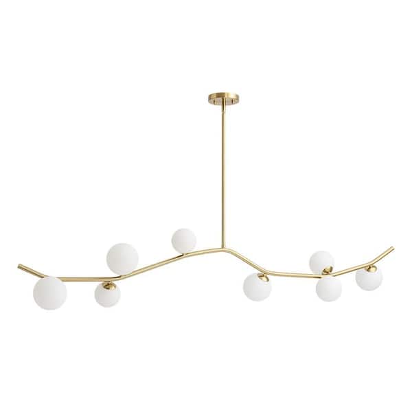 HUOKU Ceder 8-Light 61 in. W Brass Chandelier Linear Modern Chandelier with Opal Glass for Kitchen Island
