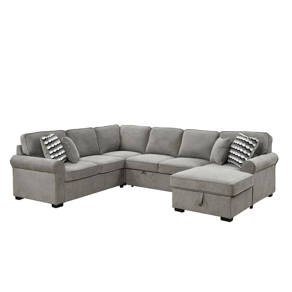 117 in. Rolled Arms Polyester Sectional Sofa in Light Gray with Storage Chaise, Pull-Out Bed, 4 Throw Pillows -  sumyeg, SY-HH-4S043