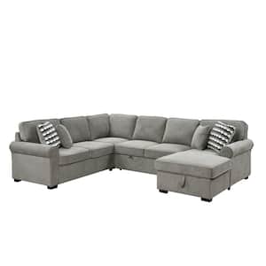 117 in. Rolled Arms Polyester Sectional Sofa in Light Gray with Storage Chaise, Pull-Out Bed, 4 Throw Pillows
