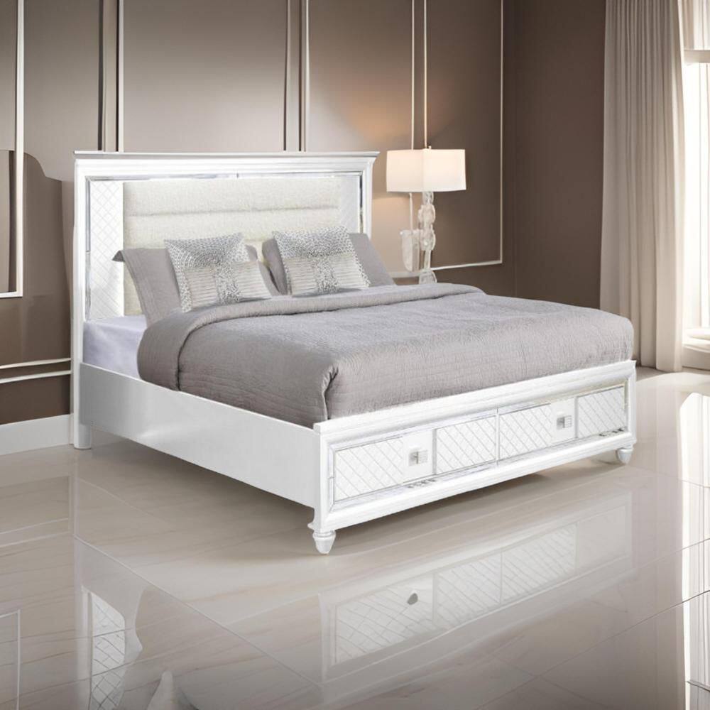 Moy White and Ivory and Silver Wood Frame Queen Panel Bed with Headboard and Footboard Storage