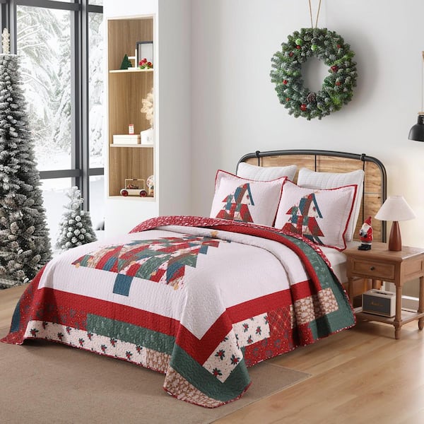 BY218 3-Pieces Red Patchwork Christmas Tree King Size Polyester Quilt Set Reversible Holiday Bedspread
