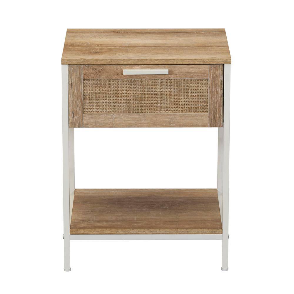 Coastal Oak Square End Table with Rattan Drawer and Metal Frame