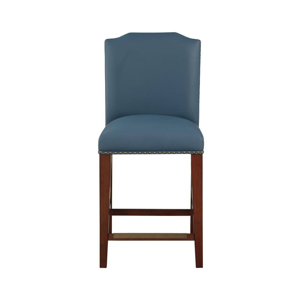Blue Faux Leather and Wood Counter Stool with Nailhead Trim