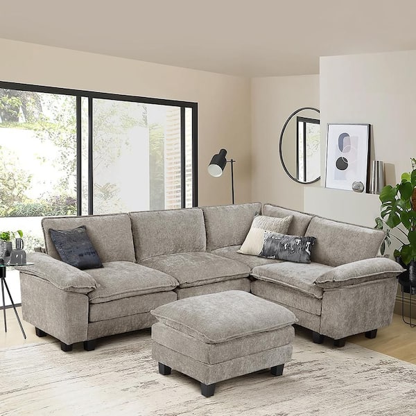 Bennett 110.5 in. W Pillow Top Arm 5-Piece Chenille Modular Sectional Sofa with Ottoman in Dark Pewter