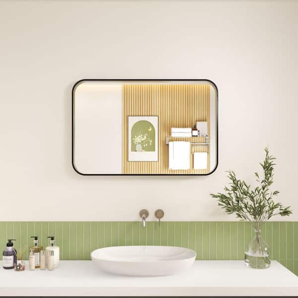 24 in. W x 36 in. H Rectangular Aluminum Framed Wall Bathroom Vanity Wall Mount Mirror in Black