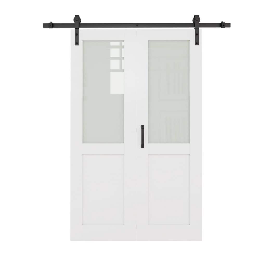 36 in. x 80 in. 1/2 Lite Tempered Frosted Glass White Primed MDF Bi-Fold Sliding Barn Door with Black Finished Hardware price history on PriceWatchPro