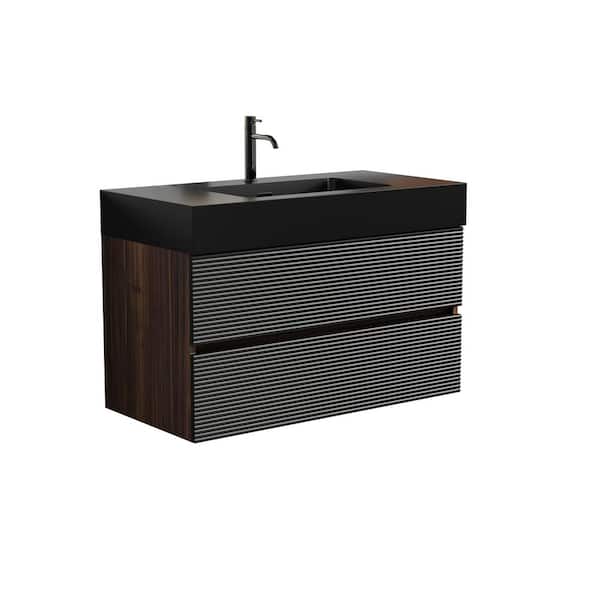 36 in. Modern Walnut Wall Mounted Bath Vanity with Matt Black Cultured Marble Top, Soft Black Drawers, Assembled