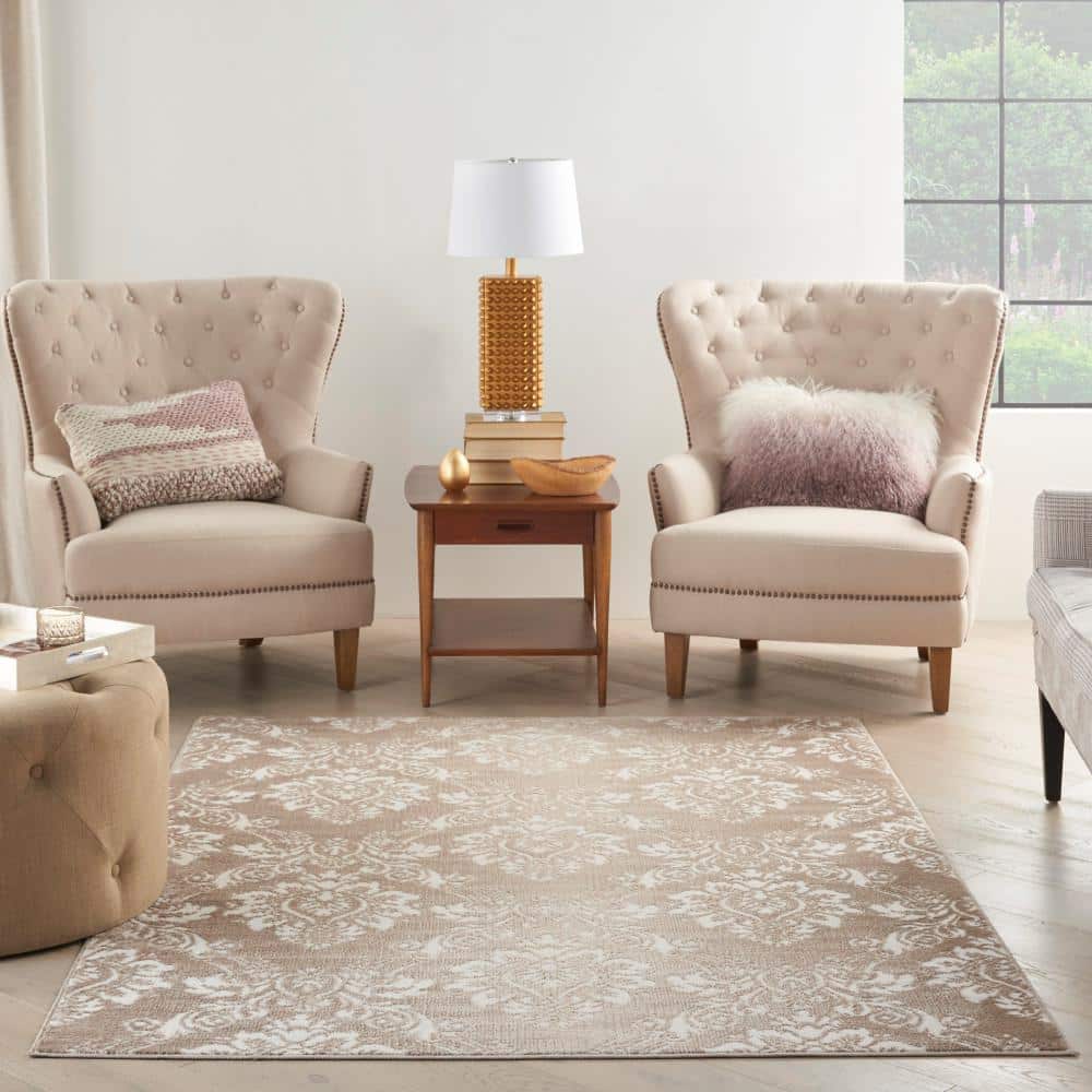 Ivory Mocha Floral Elegance 5' x 7' Easy-Care Synthetic Area Rug