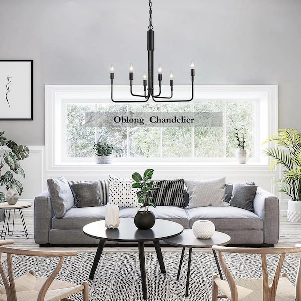 Modern Black Candlestick Oblong Chandelier Farmhouse Irregular Pendant Light 6-Light Transitional Hanging Ceiling Light