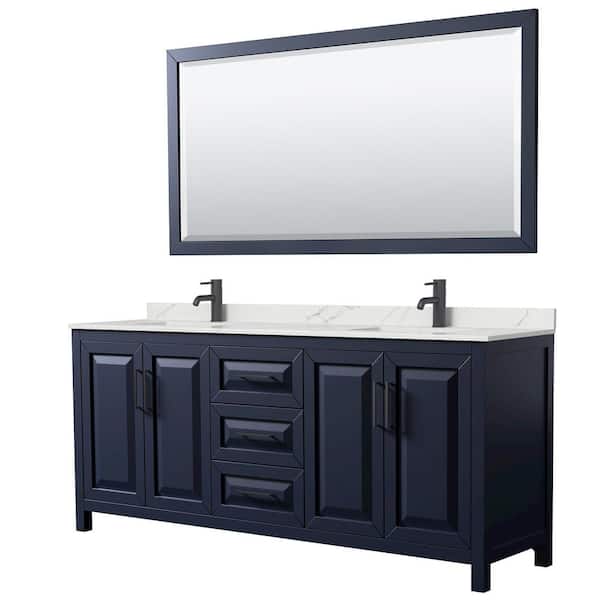 Wyndham Collection Daria 80 in. W x 22 in. D x 35.75 in. H Double Bath Vanity in Dark Blue with Giotto Quartz Top and 70 in. Mirror