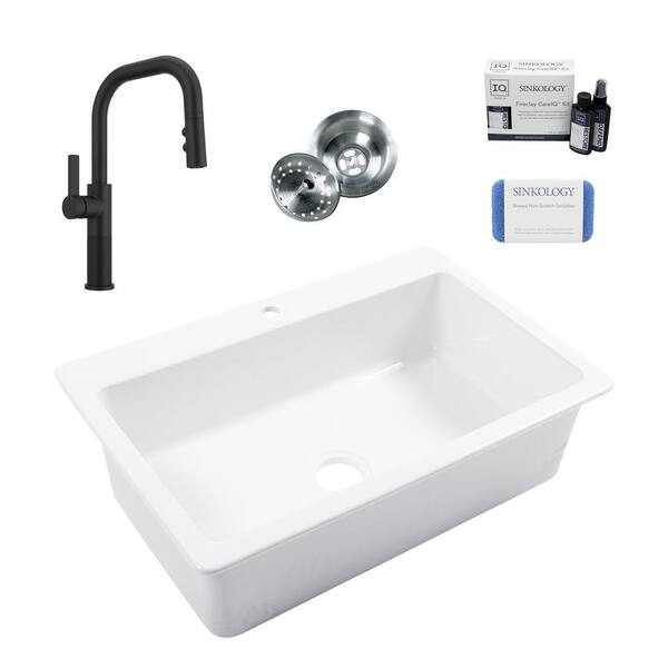 SINKOLOGY Jackson 33 in. 1-Hole Drop-In Single Bowl Crisp White Fireclay Kitchen Sink with Montay Black Faucet Kit