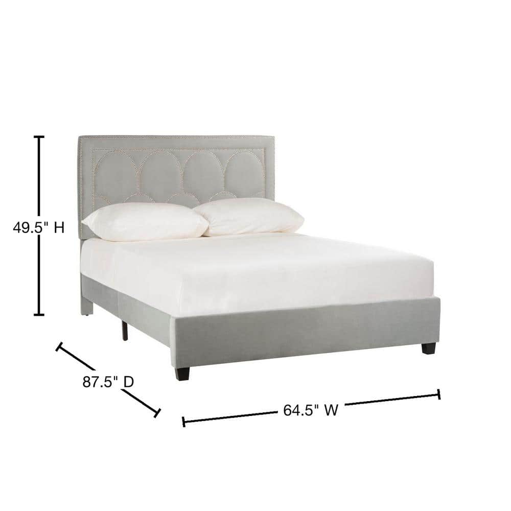 Elegant Transitional Queen Platform Bed in Plush Grey Velvet with Nailhead Trim