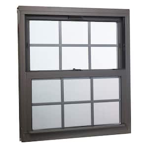 32 in. x 36 in. Double Hung Aluminum Window with Low-E Glass, Grids and Screen, Brown